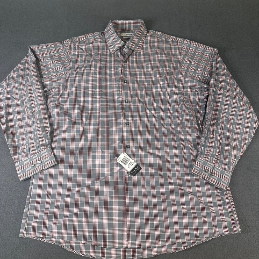 Van Heusen Mens Regular Fit Wrinkle Free Dress Shirt Grey Cranberry Plaid 16.5